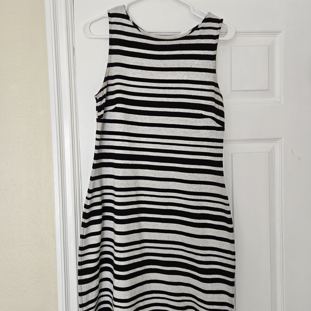 Valerie Bertinelli Black and Hearher Gray Striped Midi Dress